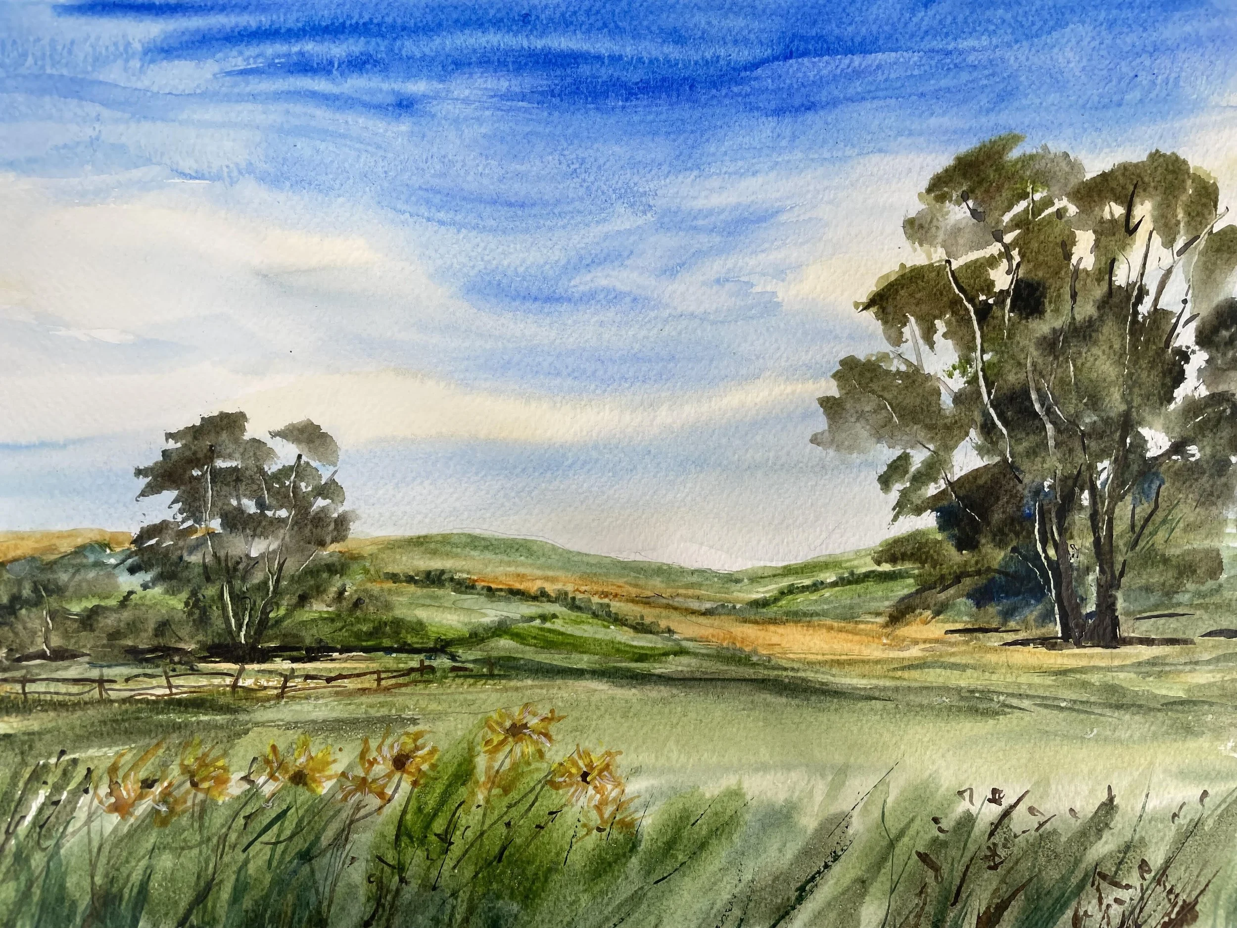 Cotswold meadows in Spring, watercolour
