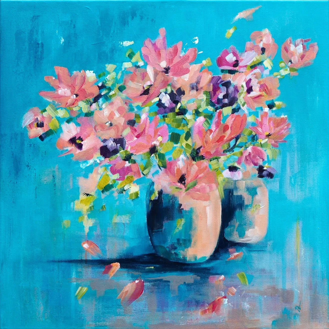Painting of a bouquet of pink flowers in a beige vase on a blue background.