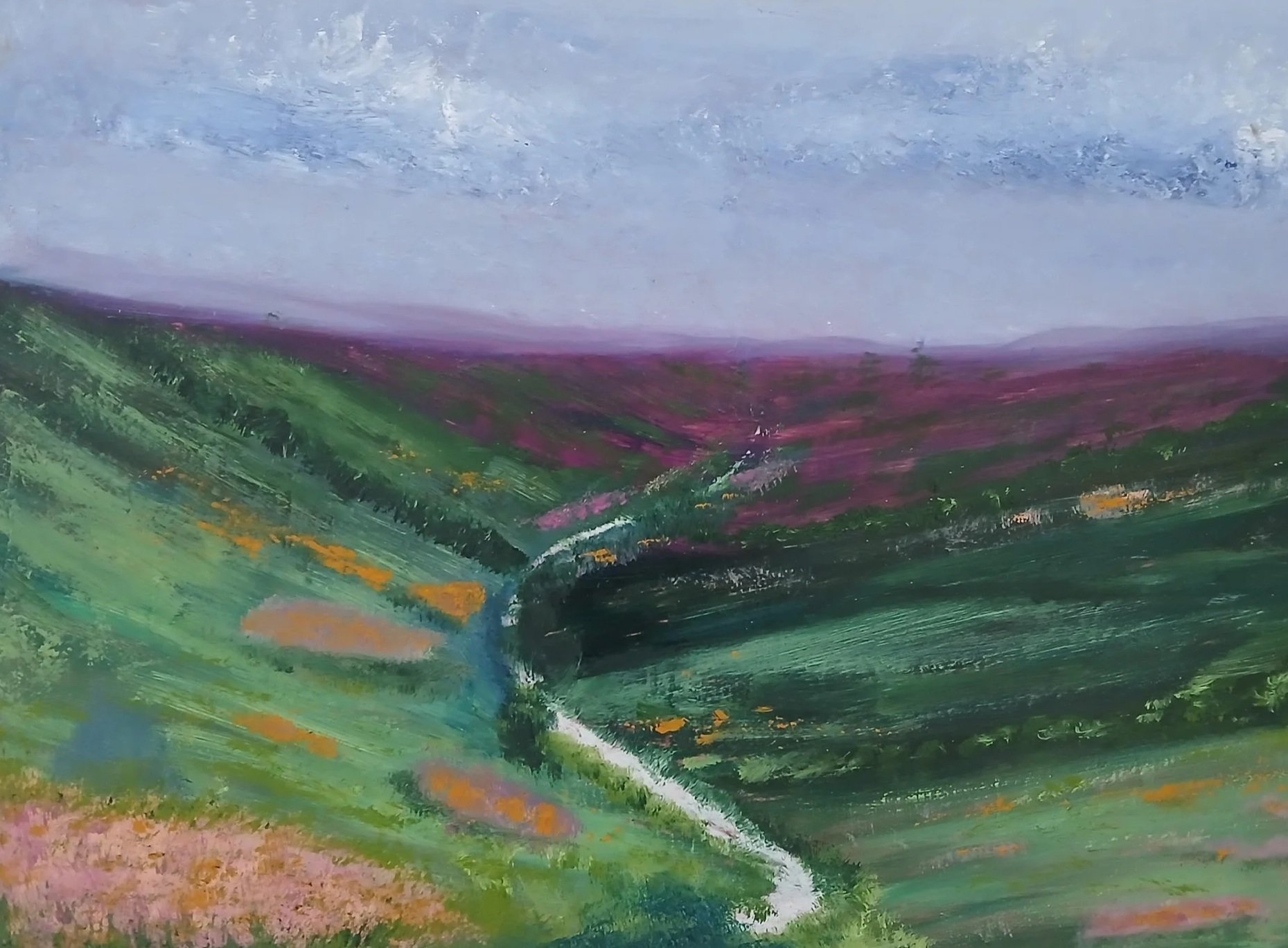An impressionistic painting of rolling green hills and purple heather with a blue sky and clouds.