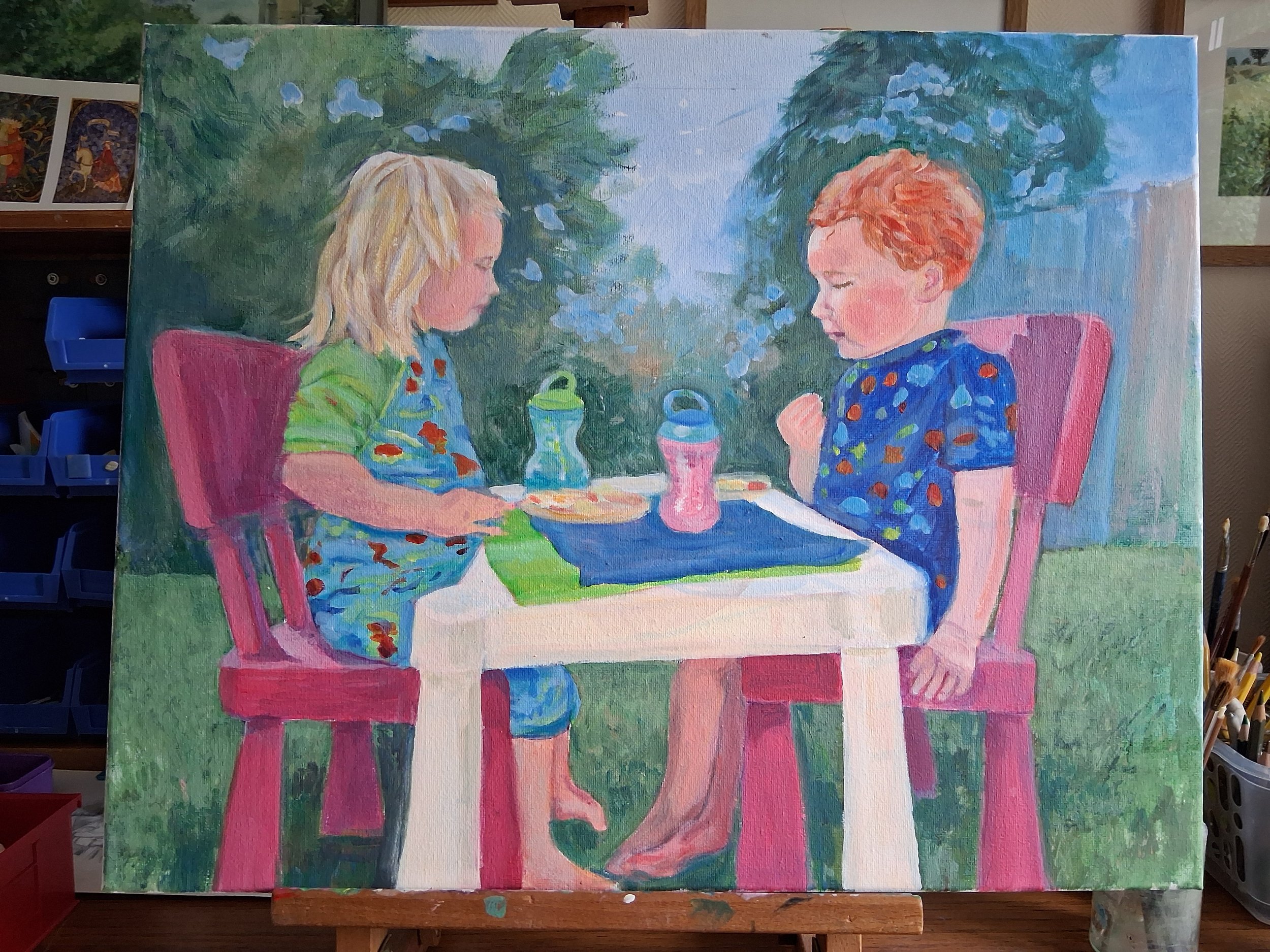 Grandchildren having a party, acrylics