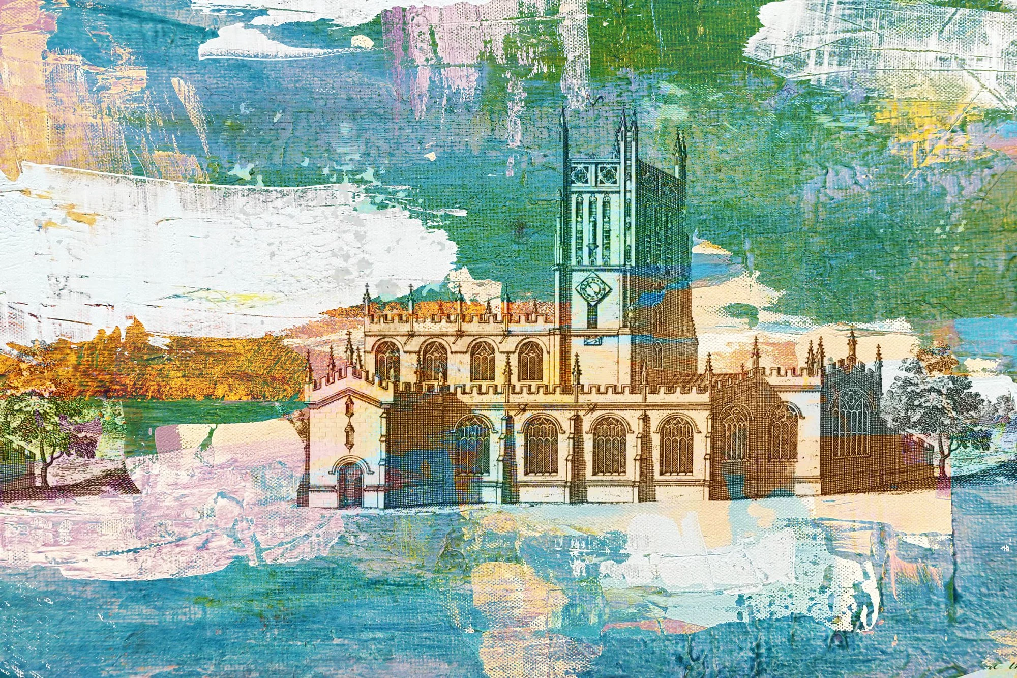 Stylized artistic depiction of a historic church with a tall clock tower, situated near a river with trees and sky in the background.