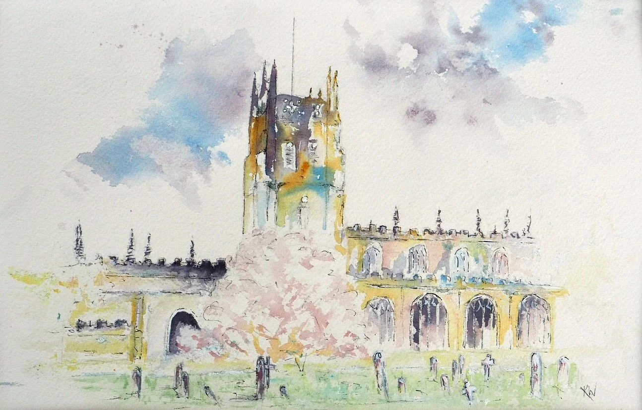 Watercolor painting of a Gothic-style church with tall spires and arched windows, surrounded by trees and a graveyard.