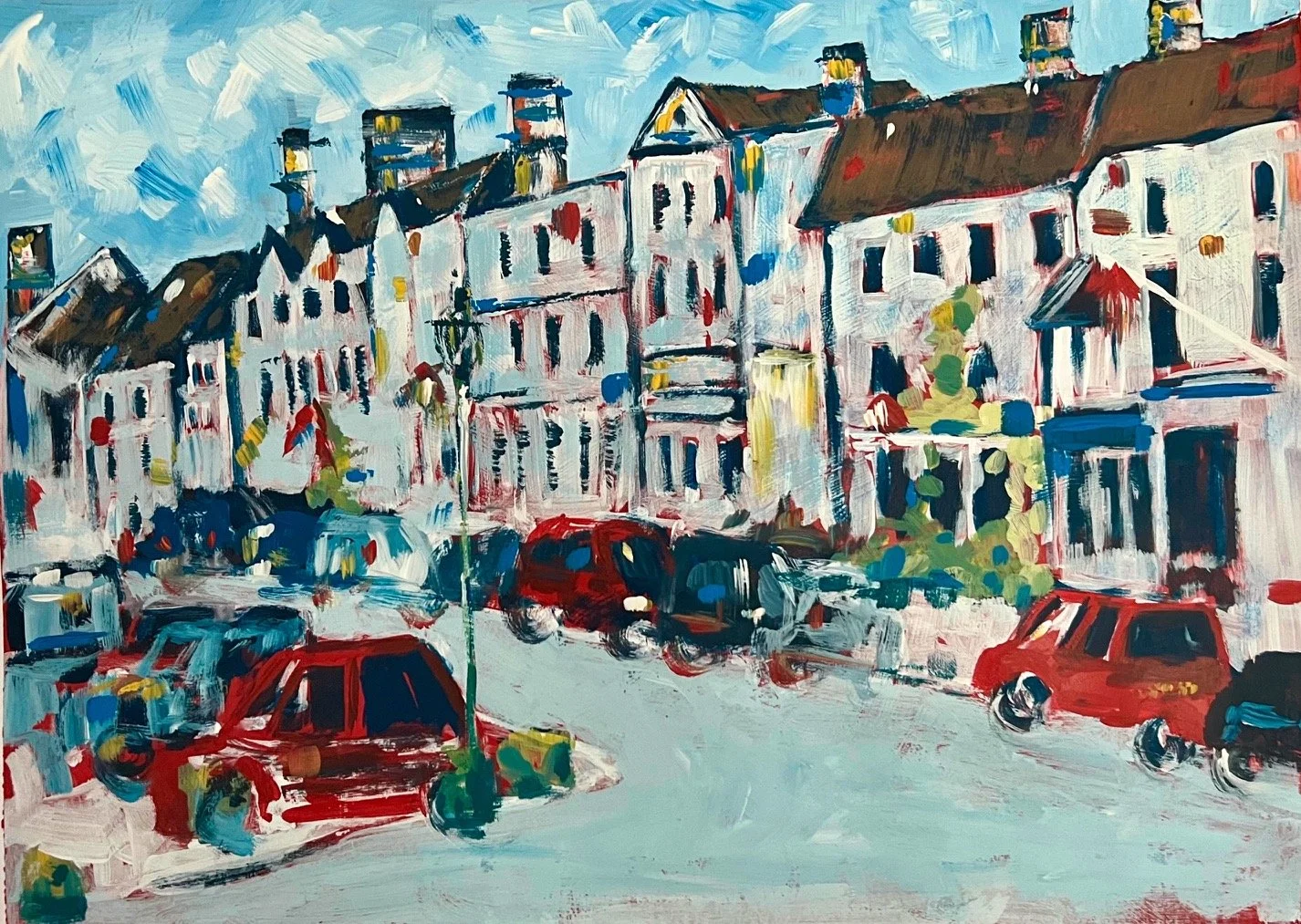 A colorful impressionist painting of a street scene with parked cars and rows of white houses with brown roofs under a blue sky.