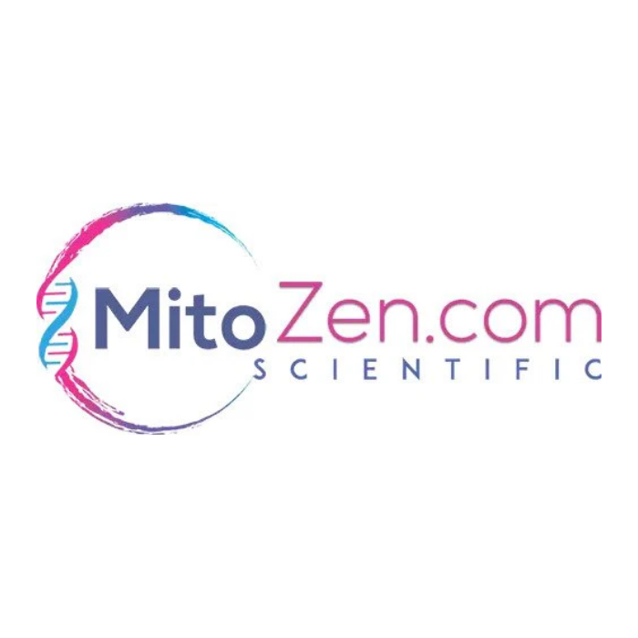Logo for MitoZen.com, a scientific brand, featuring a DNA helix and circular design with pink and blue colors.