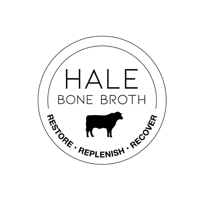 Logo for Hale Bone Broth featuring a cow silhouette and the words 'Restore Replenish Recover'.