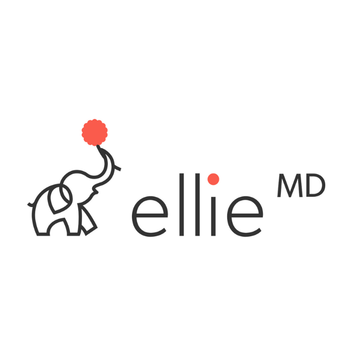 A logo with a black outline of an elephant with a red pompom on its trunk, next to the word "ellie" in black lowercase letters, with a red dot over the "i" and "MD" in smaller font.