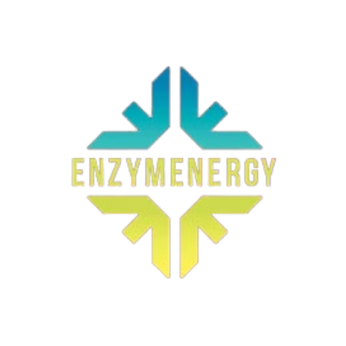Logo with geometric shapes and the text "ENZYME ENERGY" in yellow-green color.