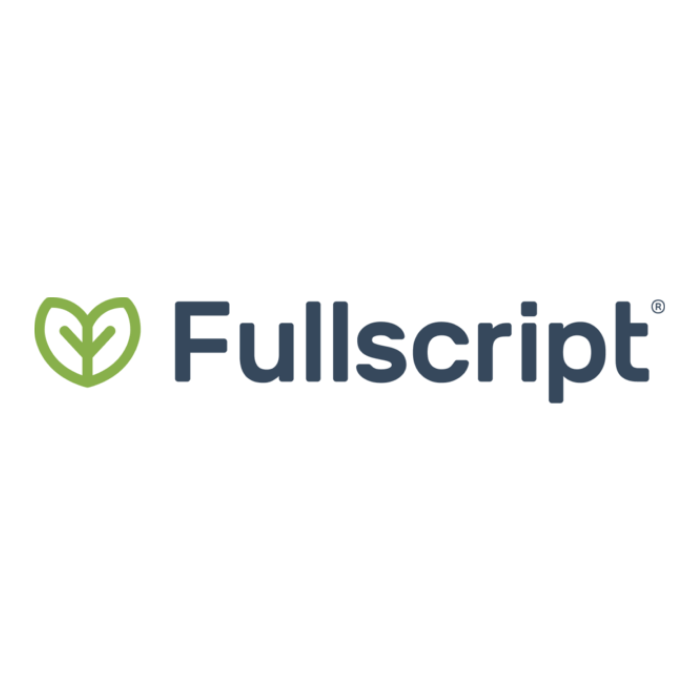 Fullscript logo with a green leaf icon and the text 'Fullscript' in dark blue.