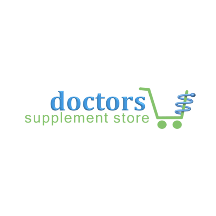 Logo for a supplement store called 'Doctors supplement store', featuring a green shopping cart with a dollar sign and a caduceus symbol.