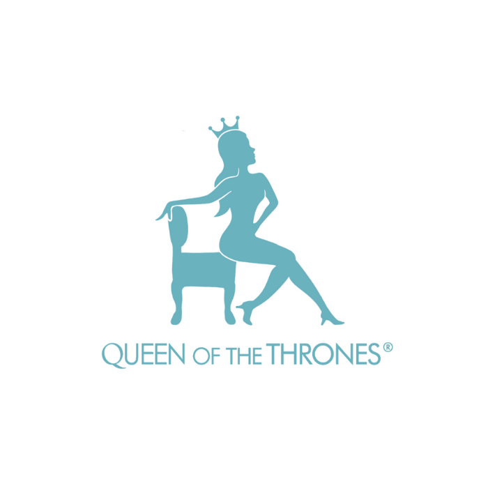 Silhouette of a woman wearing a crown, sitting on a chair, with the text 'Queen of the Thrones' below.