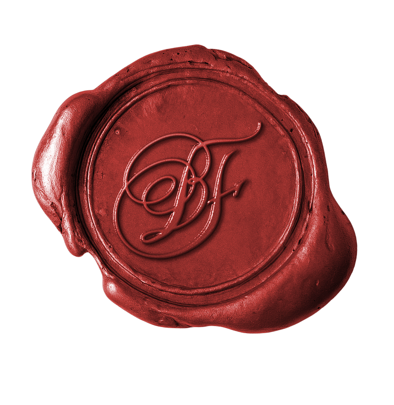 Red wax seal with embossed initials 'B' and 'F' in script font.
