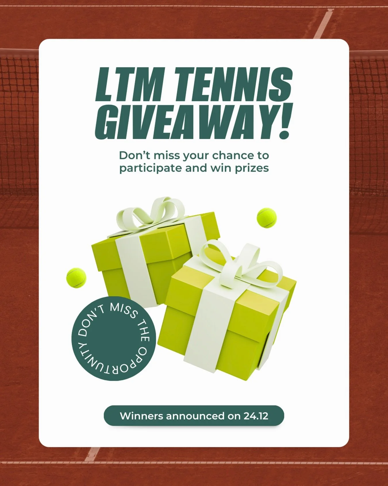 🎁 GIVEAWAY TIME at LTM Tennis!

We&rsquo;re giving away 3 prizes: 
1️⃣ 1x individual tennis lesson
2️⃣ 1h court booking
3️⃣ Tennis grip

How to participate:
- Follow @ltm_tennis_wien
- Like this post 
- Comment below and tag 2 tennis buddies you&rsq