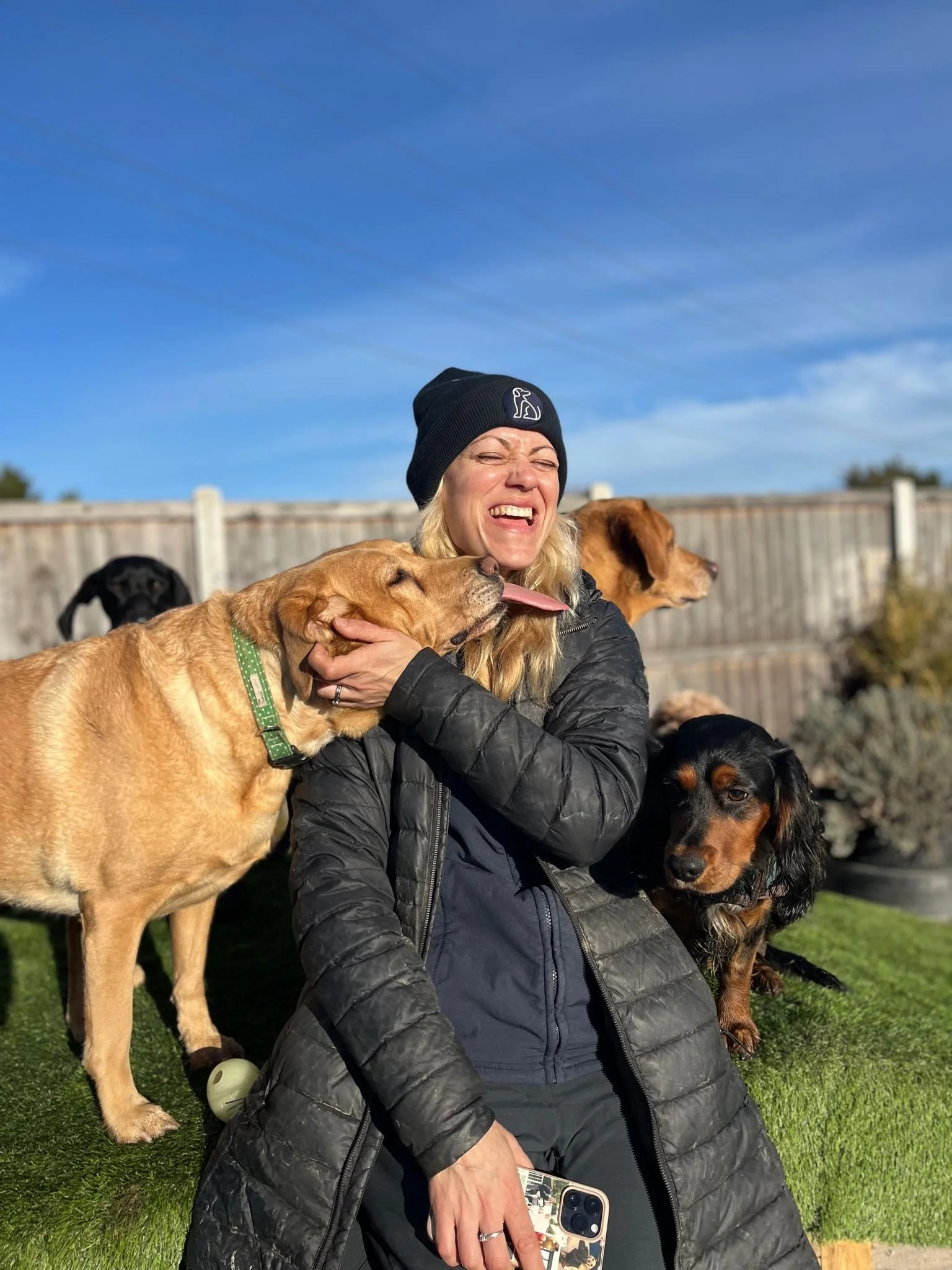 Pipers staff member, Sophie, having fun with some of Pipers dogs in the outside play area.