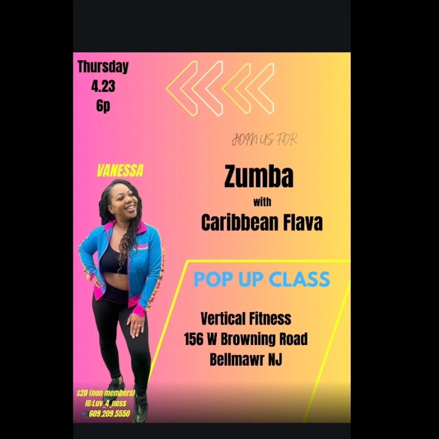 Pop up class CARIBBEAN ZUMBA 4-23 6:00pm
Verticalfitnessnj.com to sign up