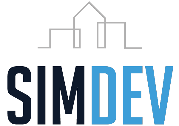 Logo avec une silhouette d'immeuble au sommet et le texte 'SIMDEV' en dessous, où 'SIM' est en noir et 'DEV' en bleu.