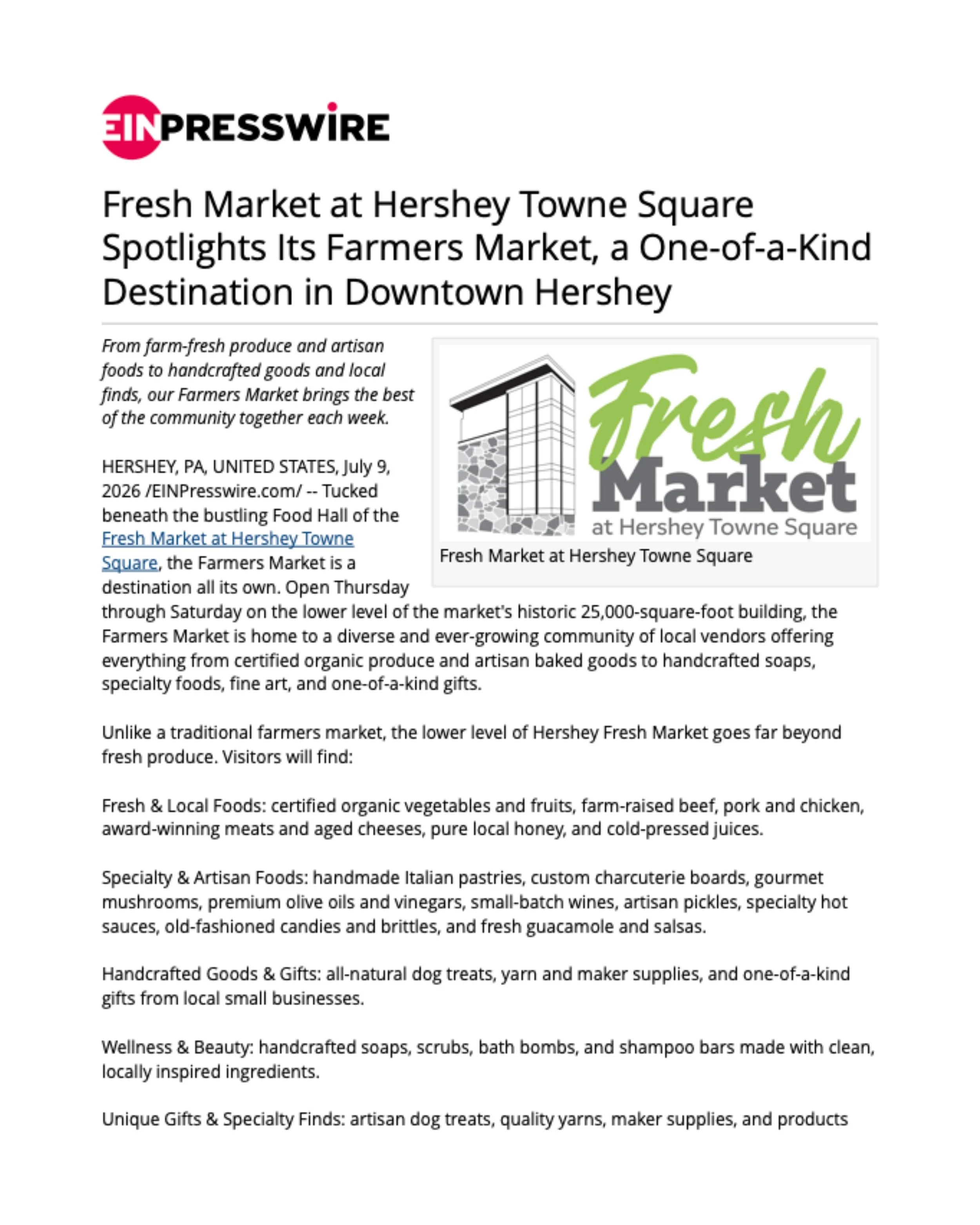 Fresh Market at Hershey Towne Square Spotlights Its Farmers Market, a One-of-a-Kind Destination in Downtown Hershey