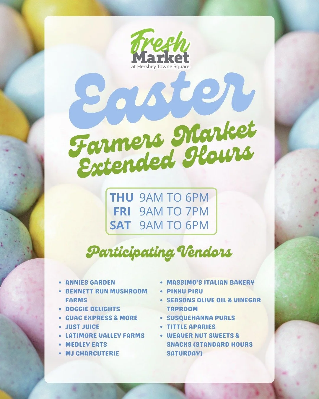 We&rsquo;re extending our Farmers Market hours this Easter weekend 🐰

Many of our Lower Level vendors have chosen to stay open later, giving you more time to shop, explore, and enjoy the market over the holiday weekend.

Each small business is indep