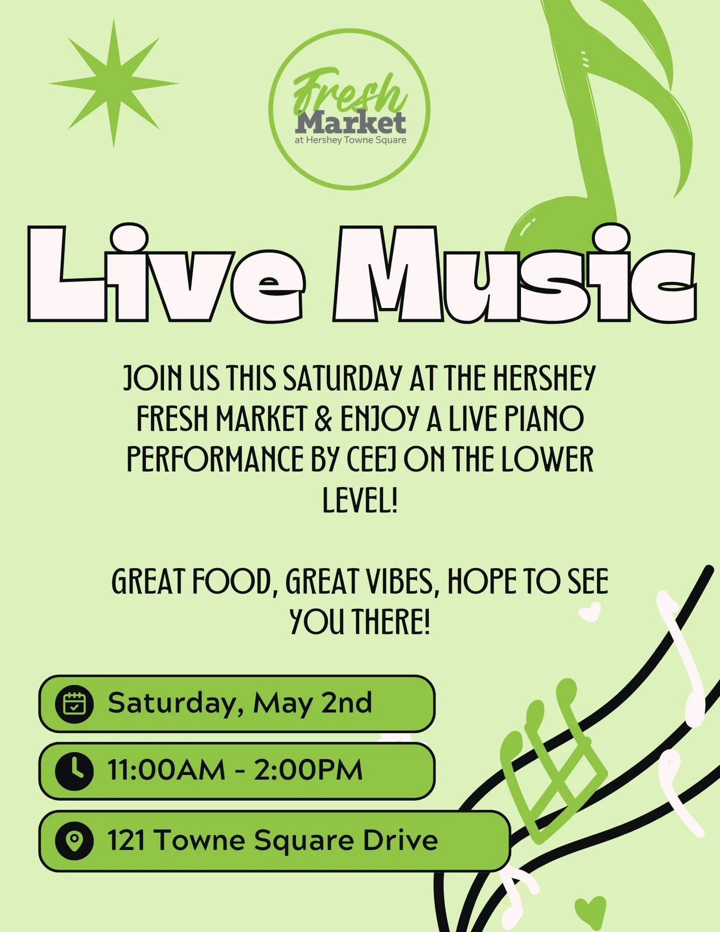 Live music + market vibes 🎶

Join us this Saturday at Hershey Fresh Market and enjoy a live piano performance by Ceej while you shop, eat, and explore the market!

Great food, great energy, and the perfect way to spend your afternoon 💚 

📍 121 Tow