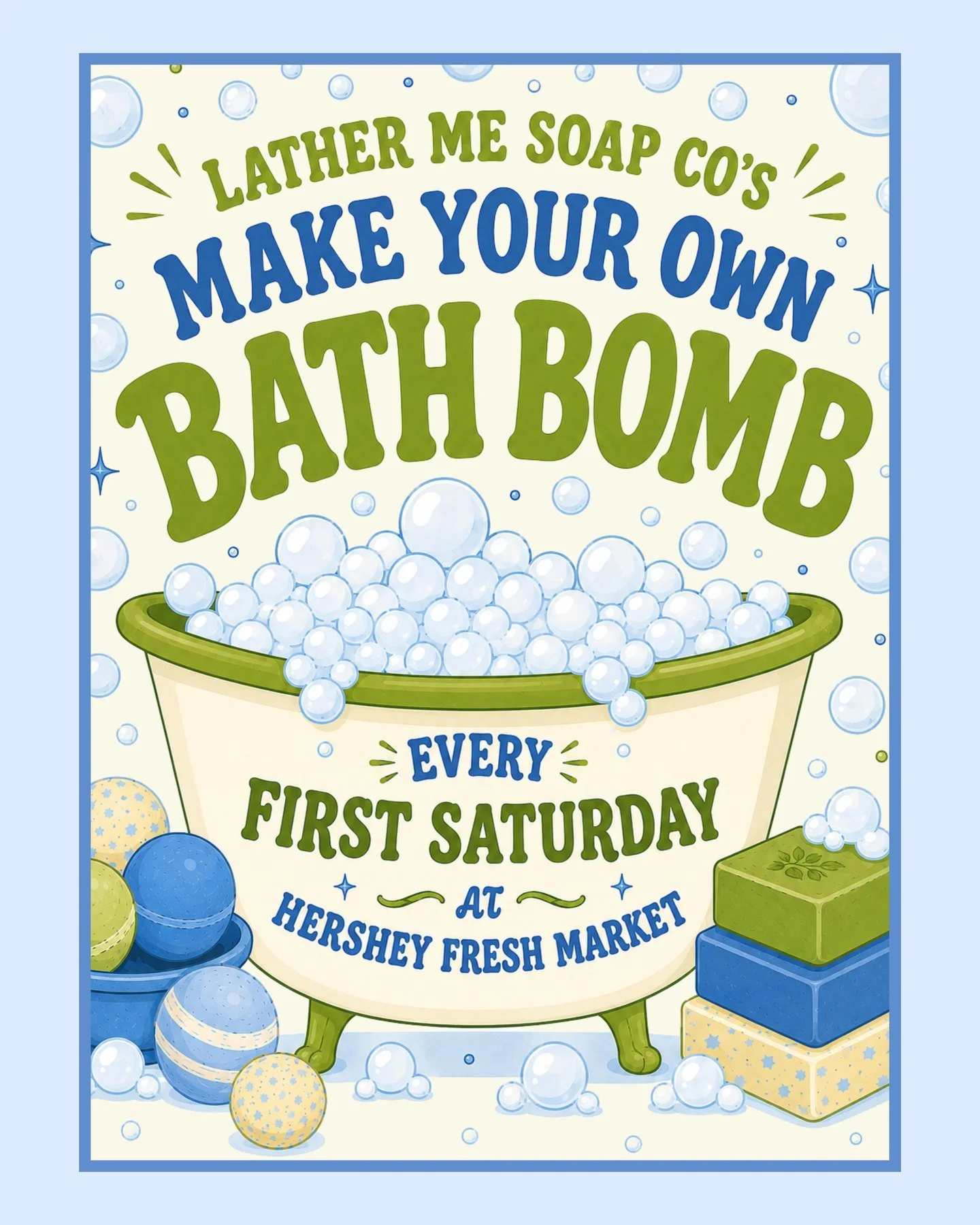 Who's ready to get creative? 🛁🫧🧼 Stop by Lather Me Soap Co. on the Lower Level and make your very own bath bomb &mdash; all day, every first Saturday at Hershey Fresh Market! Pick your scent, pick your colors, and walk away with something you actu
