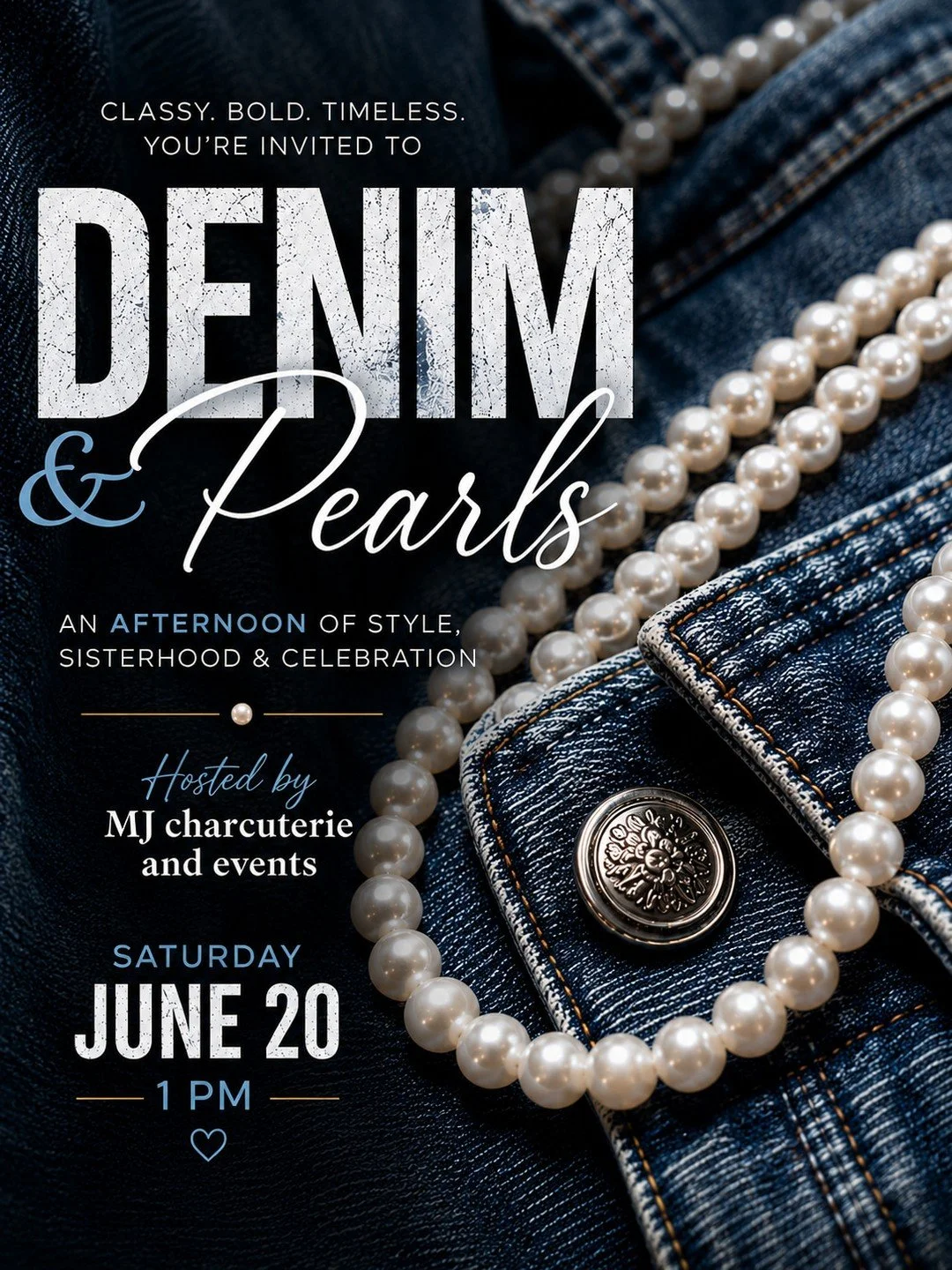✨ Don't forget! Denim &amp; Pearls is NEXT Saturday! ✨

Grab your favorite denim, your prettiest pearls, and your best girlfriends for an afternoon of style, sisterhood, and celebration hosted by MJ Charcuterie &amp; Events. 💙

👖 Dress in your favo