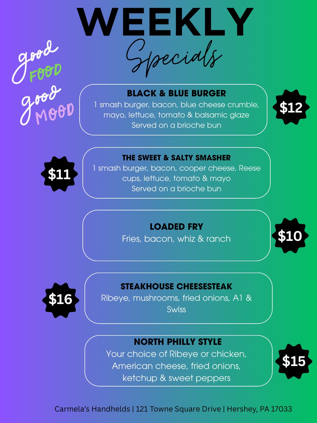 🍔 New week, new cravings.

From the Black &amp; Blue Burger to the Sweet &amp; Salty Smasher, loaded fries, and cheesesteaks stacked with flavor, this week's specials are worth the trip.

Swing by Carmela's Handhelds Thursday through Saturday and se