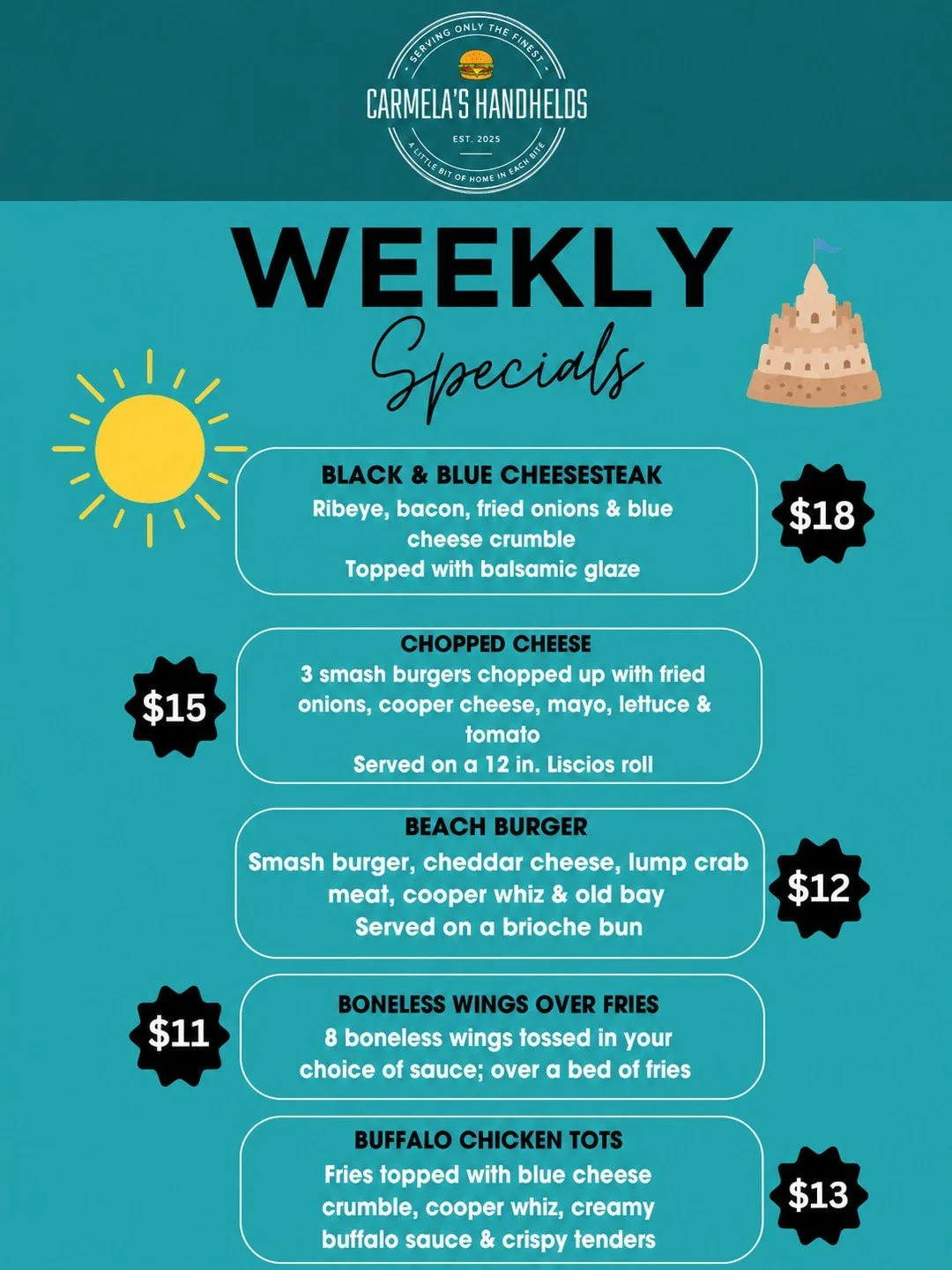 Summer flavors are heating up at Carmela's Handhelds! ☀️🌊🍔

This week's lineup is stacked with bold flavors you won't want to miss:

🔥 Black &amp; Blue Cheesesteak
🧀 Chopped Cheese
🦀 Beach Burger
🍟 Boneless Wings Over Fries
🌶️ Buffalo Chicken 