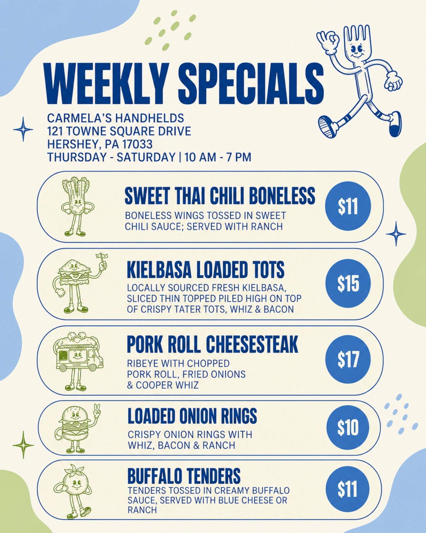 This week's specials at Carmela's Handhelds are here, and they're worth making room for! 🍴🔥

From Sweet Thai Chili Boneless Wings and Buffalo Tenders to Kielbasa Loaded Tots, a Pork Roll Cheesesteak, and Loaded Onion Rings, there's something to sat