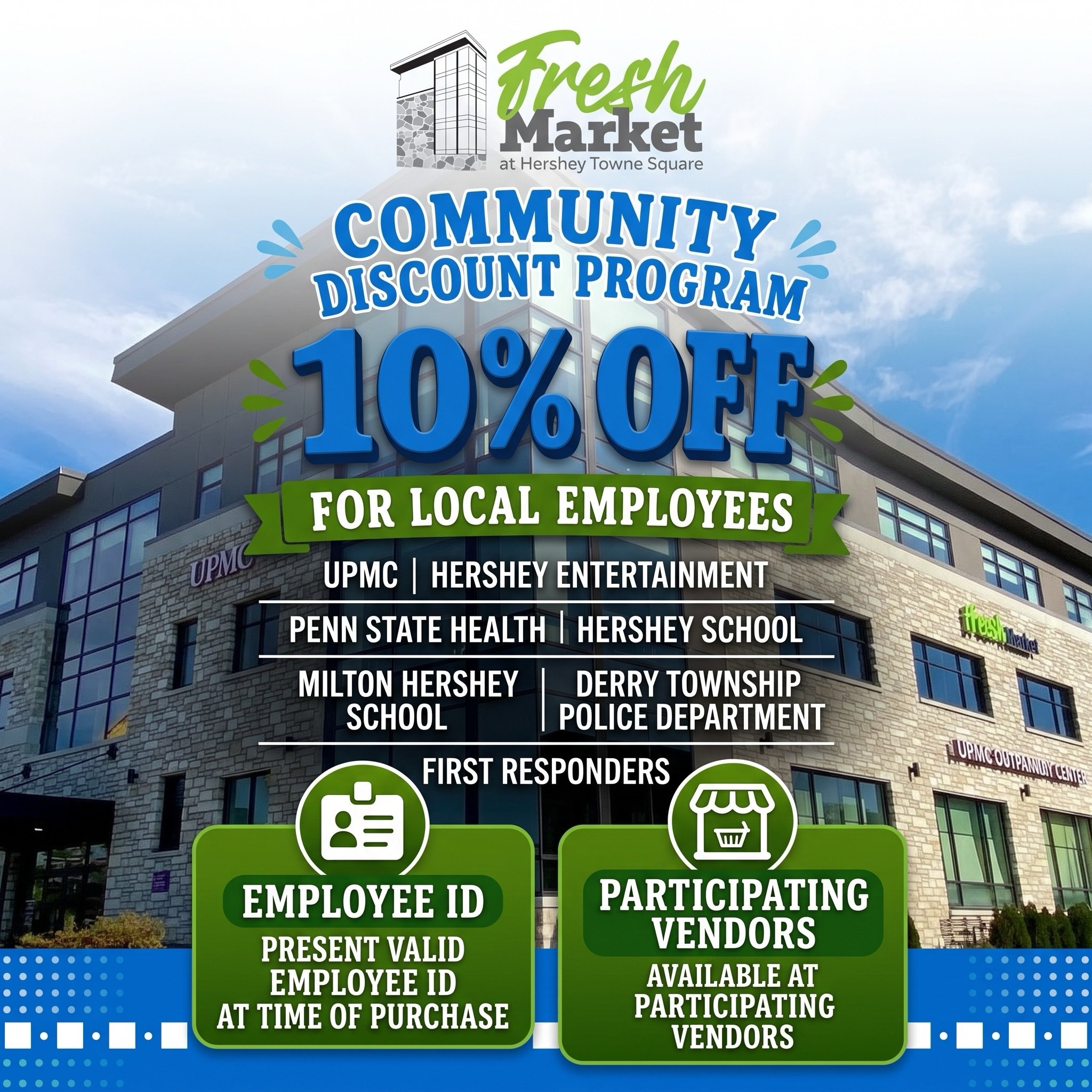 Did you know we offer a community discount? 💚  If you work for UPMC, Hershey Entertainment, Hershey Foods, The Hershey Company, Penn State Health, Hershey School, Milton Hershey School, Derry Township Police Department, or a First Responder, you&rsq