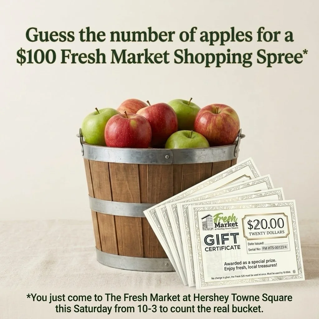 🍎 Guess-the-apples time! 

Nail the number in the bucket and walk away with a $100 Fresh Market Shopping Spree 🛒

Stop by The Fresh Market at Hershey Towne Square this Saturday between 10-3 to make your guess. The real bucket, not the one in the ph