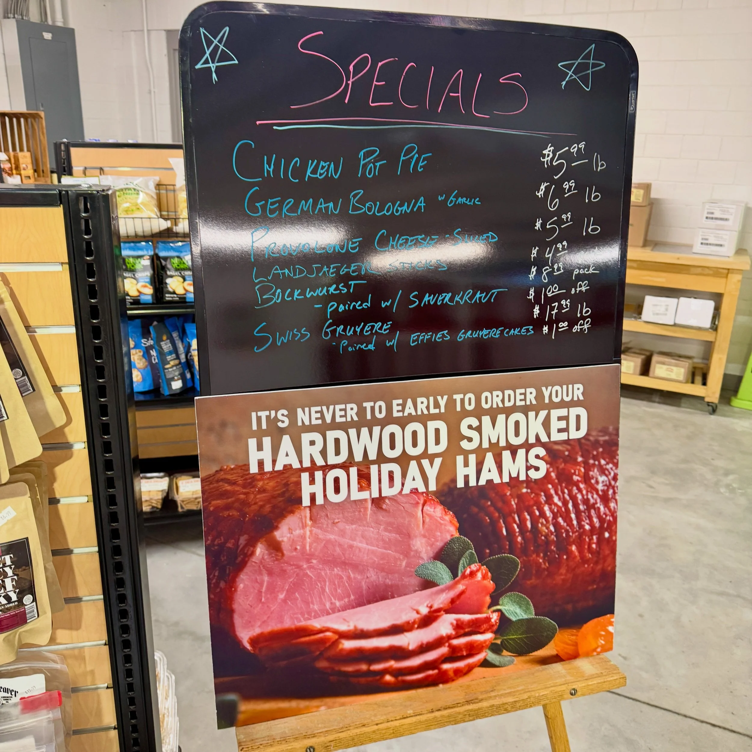 🌟 @sclydeweaver Lancaster meats and cheeses are on special the next two weeks:

🥧 Chicken Pot Pie
🌭 German Bologna with Garlic
🧀 Sliced Provolone
🥓 Landjaeger Sticks
🌭 Bockwurst, paired with Sauerkraut: $1 off
🧀 Swiss Gruy&egrave;re, paired wi