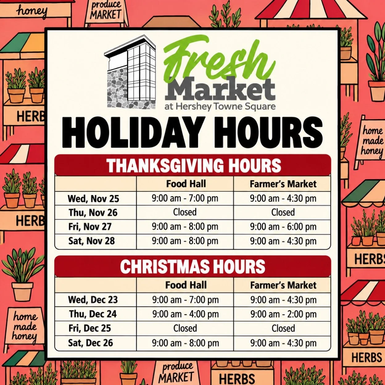 Mark your calendars for our holiday hours! 🗓️🦃🎄

Whether you&rsquo;re pulling together a last-minute dinner, hunting for the perfect gift, or grabbing takeout and sides so you can actually enjoy the day, our amazing vendors have you covered 🥧

St