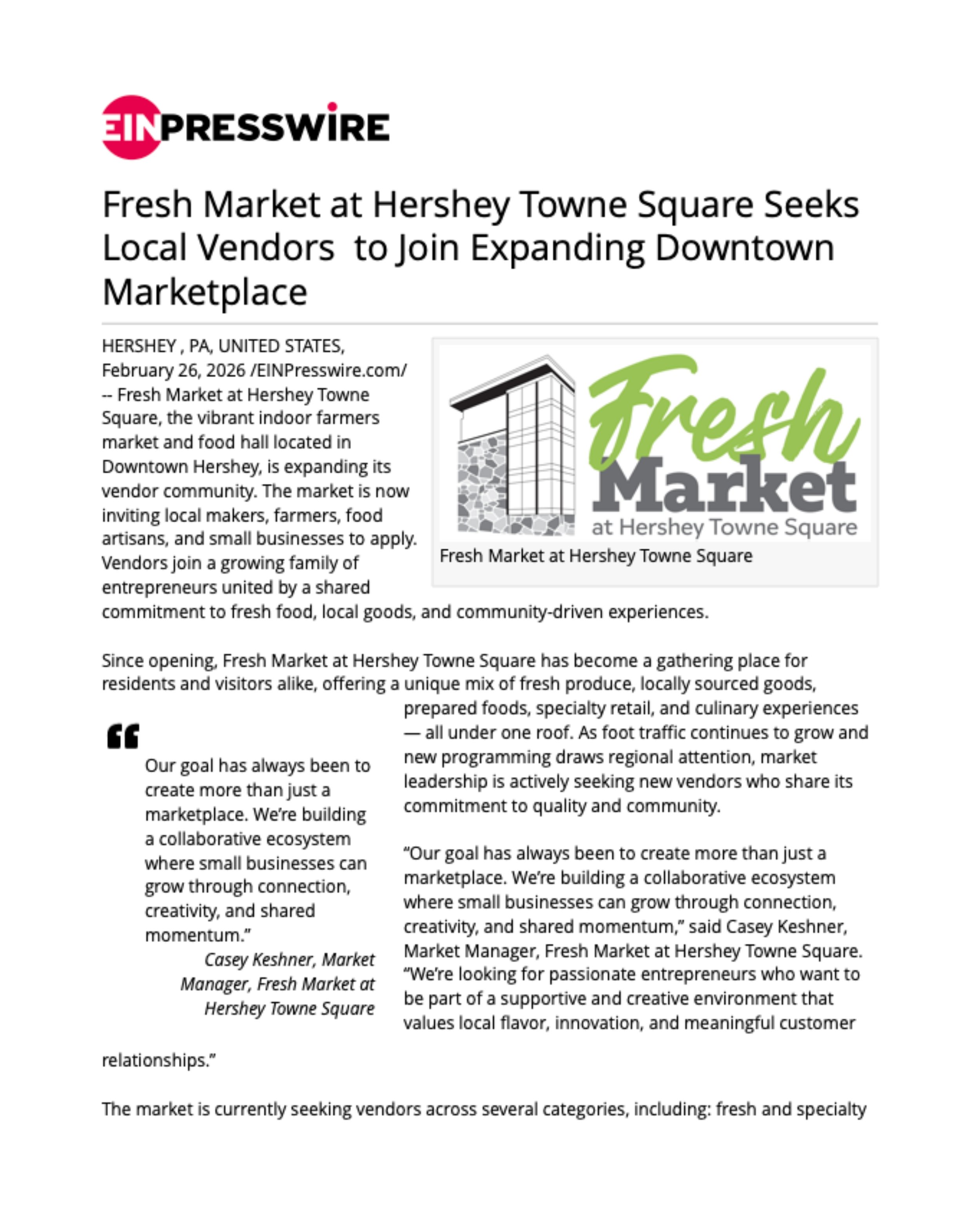 Fresh Market at Hershey Towne Square Seeks Local Vendors to Join Expanding Downtown Marketplace
