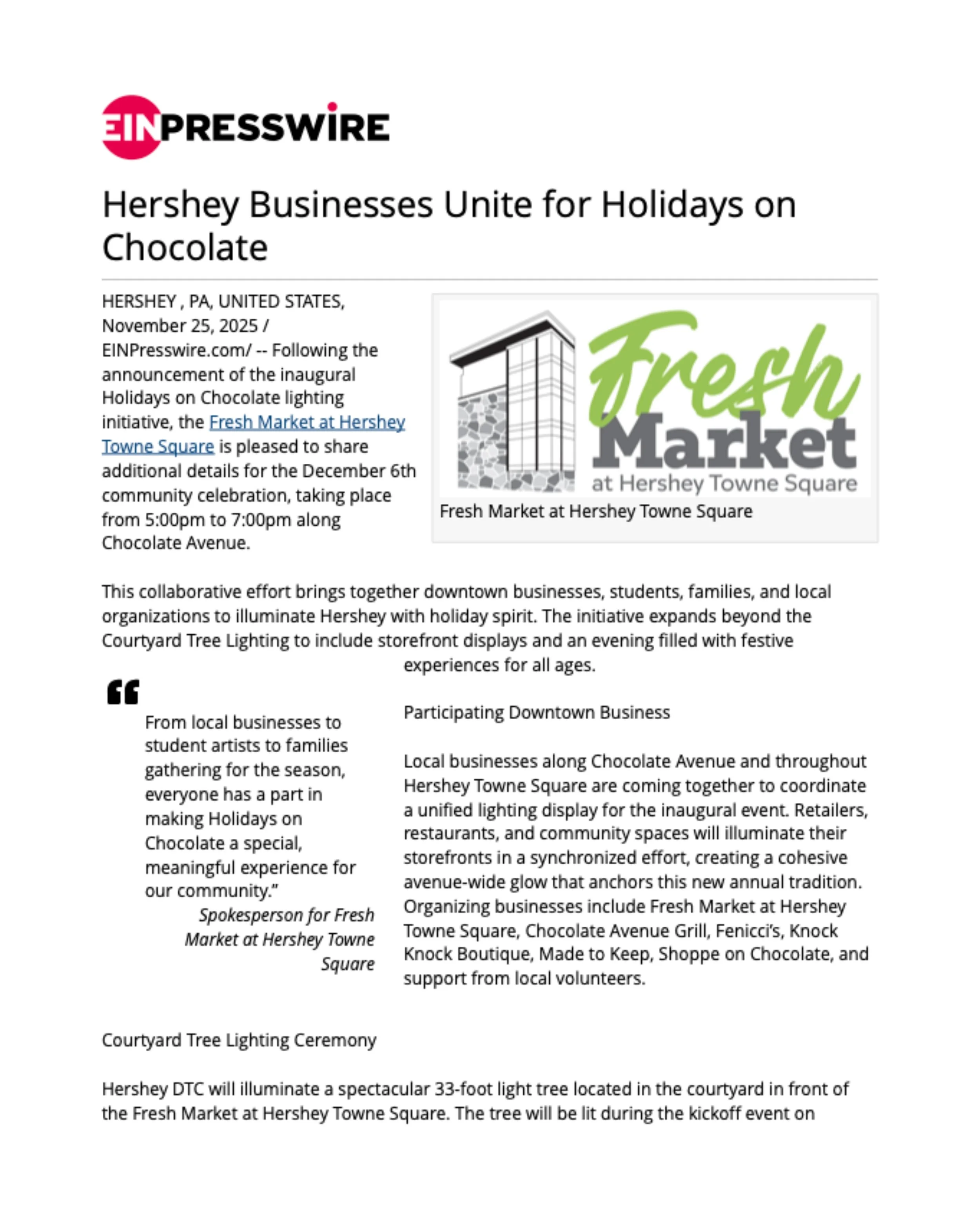 Hershey Businesses Unite for Holidays on Chocolate
