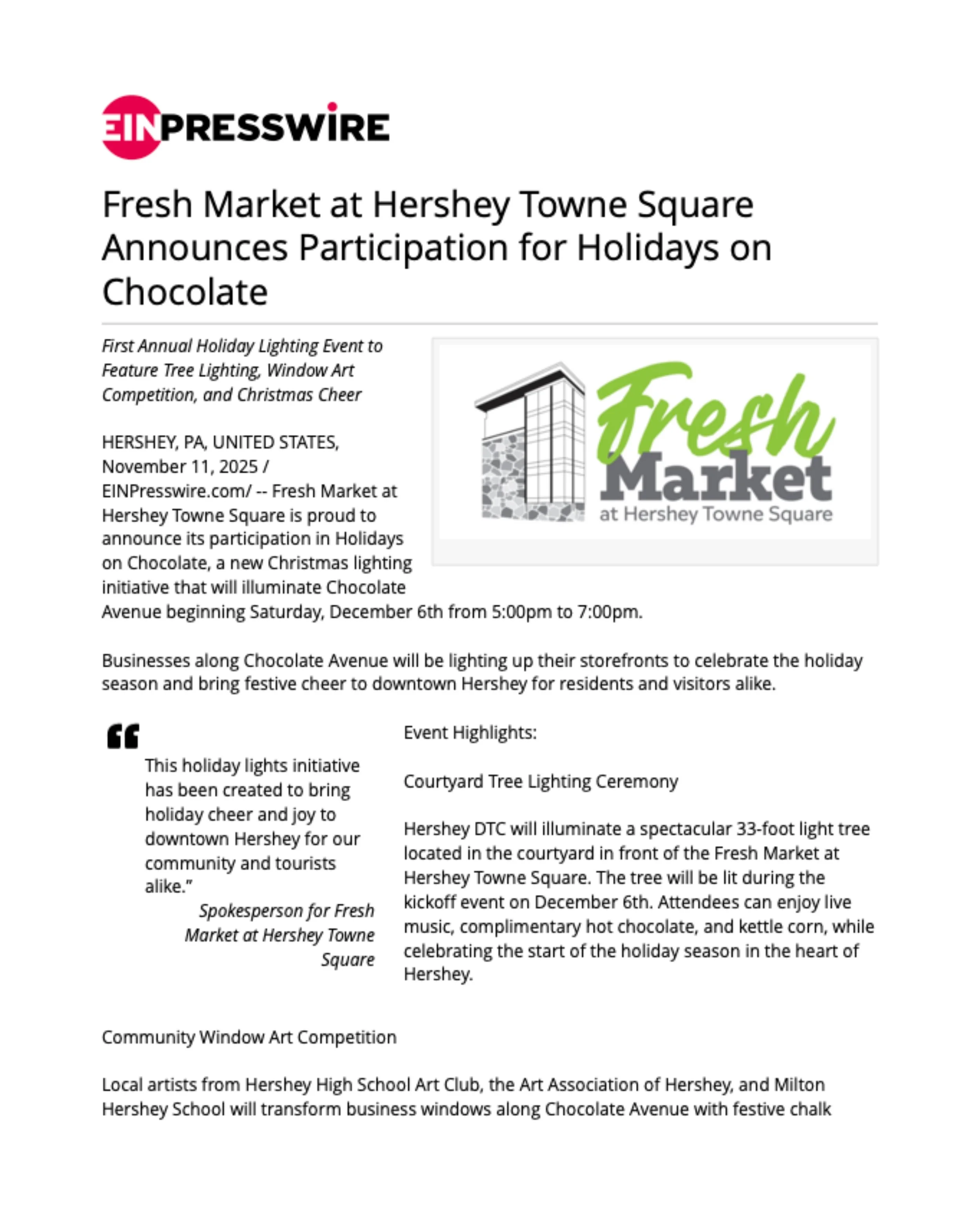 Fresh Market at Hershey Towne Square Announces Participation for Holidays on Chocolate