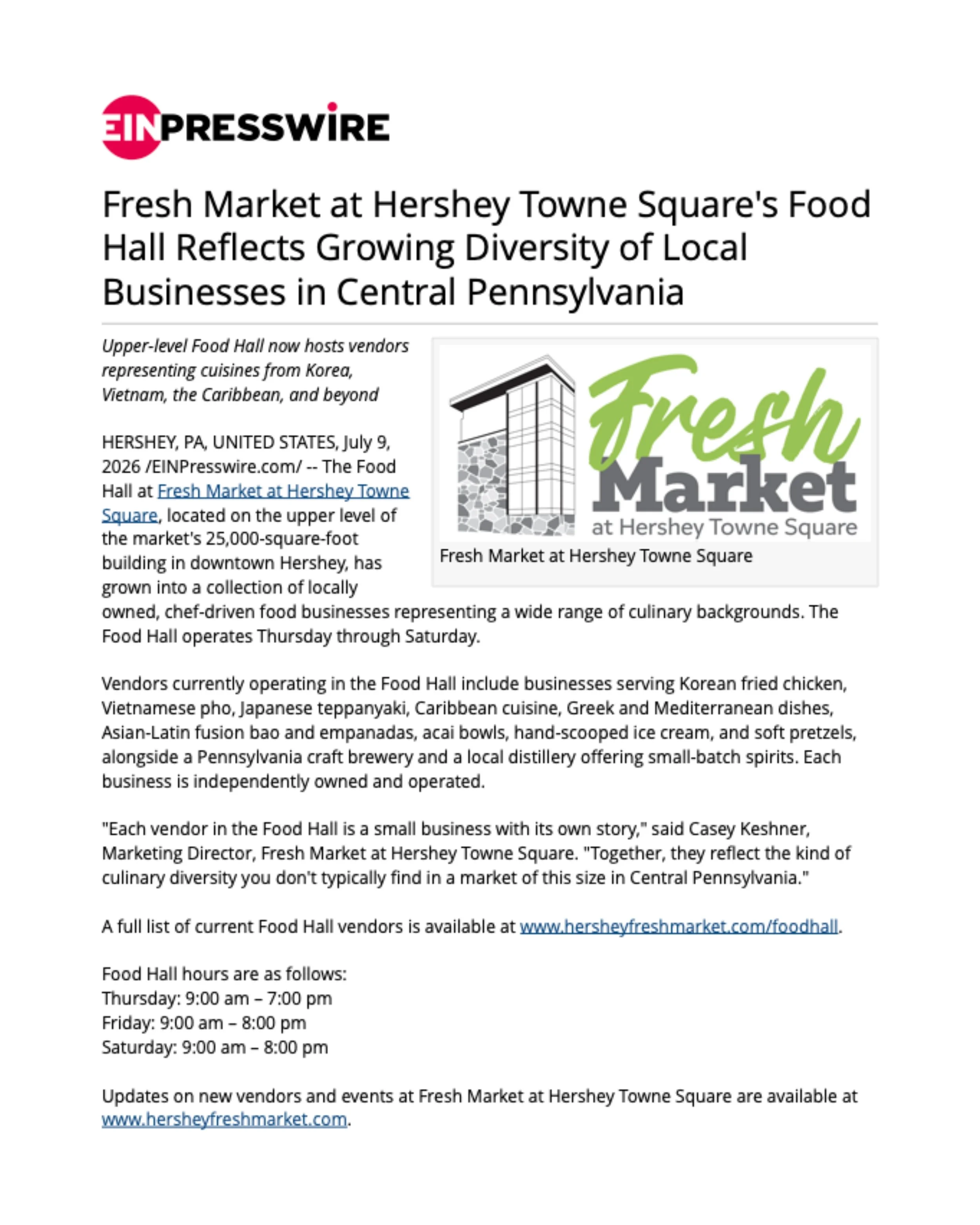 Fresh Market at Hershey Towne Square's Food Hall Reflects Growing Diversity of Local Businesses in Central Pennsylvania
