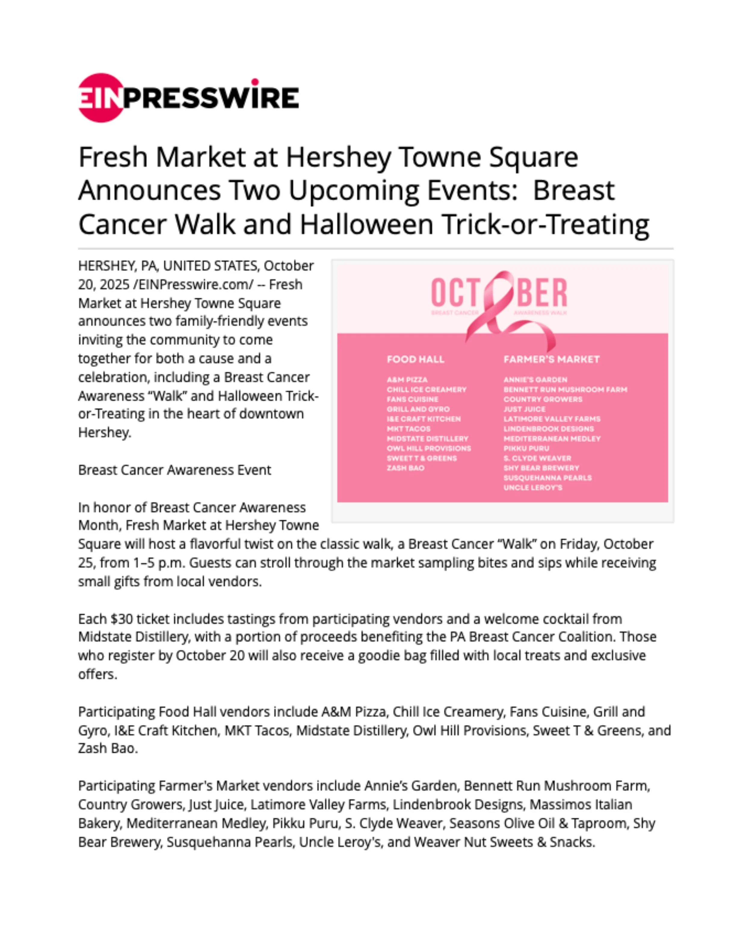 Fresh Market at Hershey Towne Square Announces Two Upcoming Events: Breast Cancer Walk and Halloween Trick-or-Treating