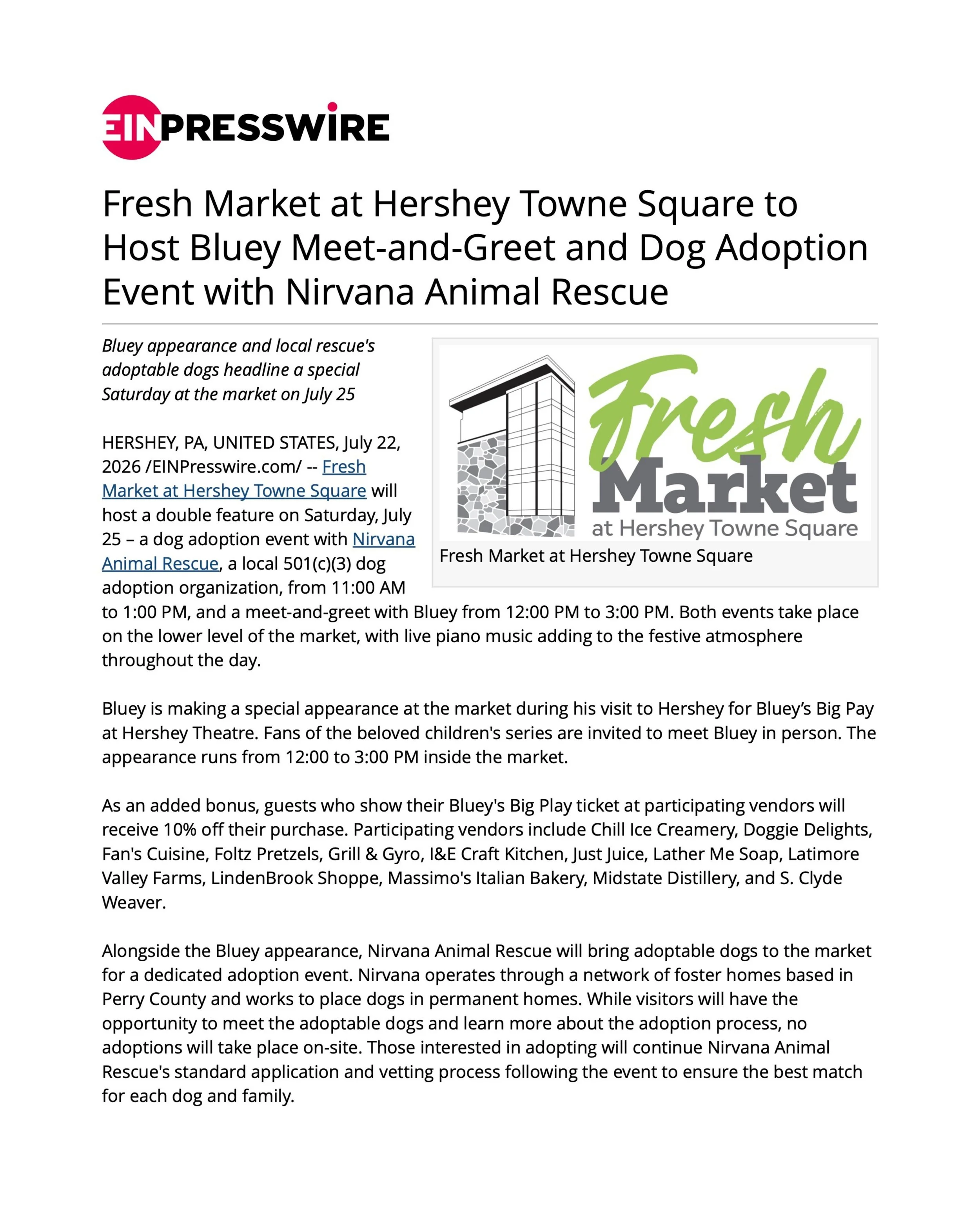 Fresh Market at Hershey Towne Square to Host Bluey Meet-and-Greet and Dog Adoption Event with Nirvana Animal Rescue