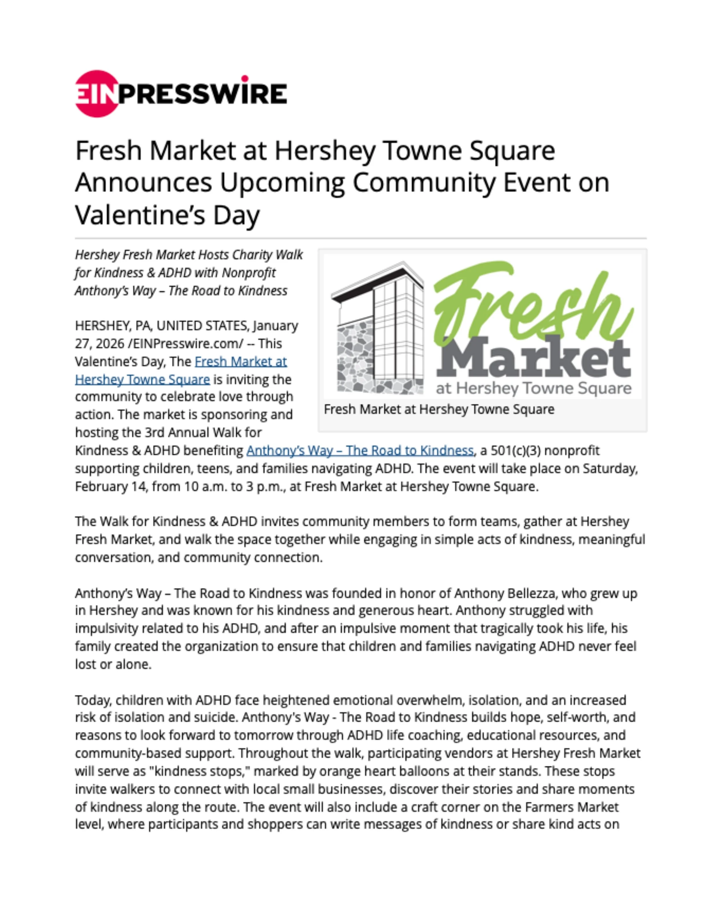 Fresh Market at Hershey Towne Square Announces Upcoming Community Event on Valentine’s Day