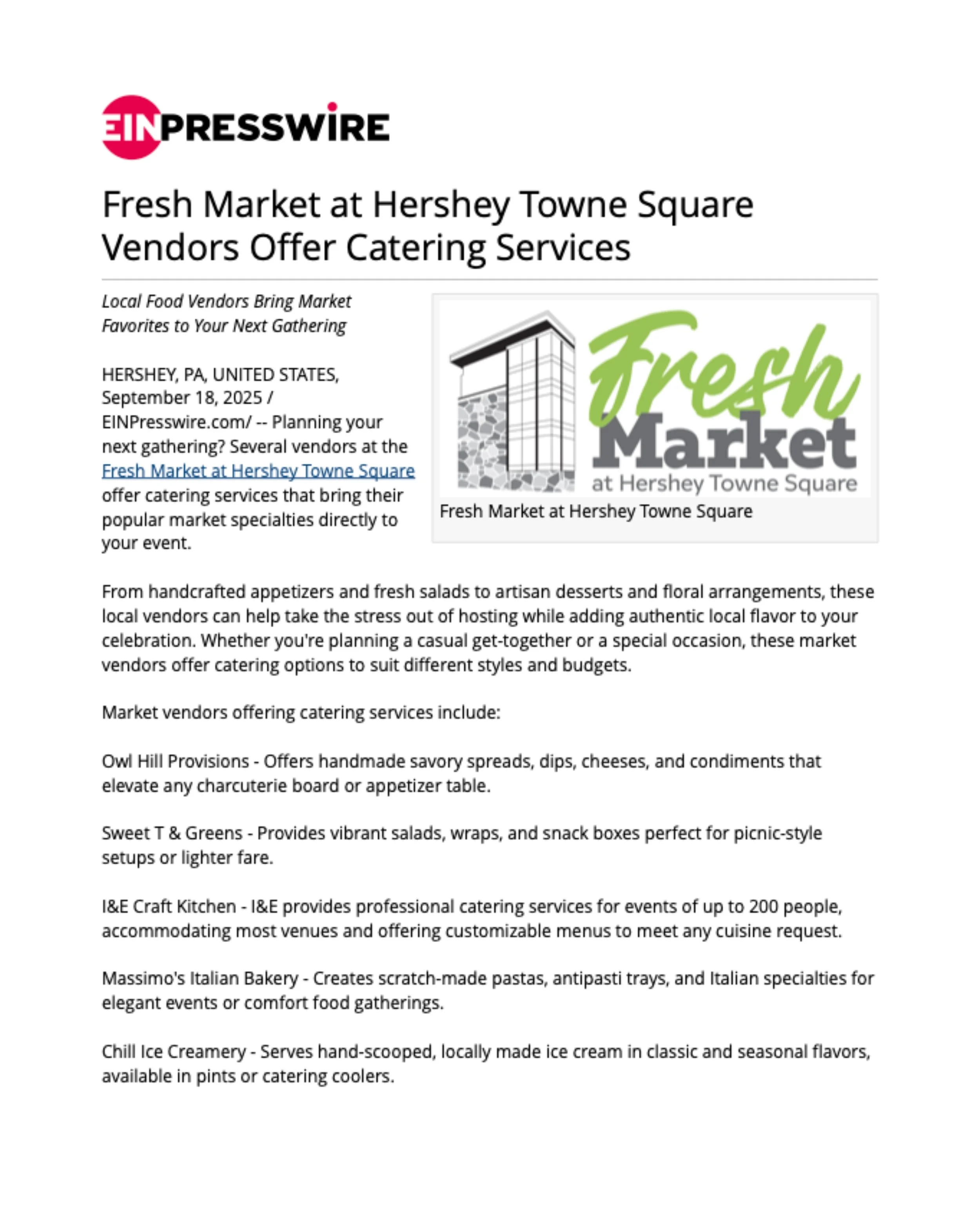Fresh Market at Hershey Towne Square Vendors Offer Catering Services