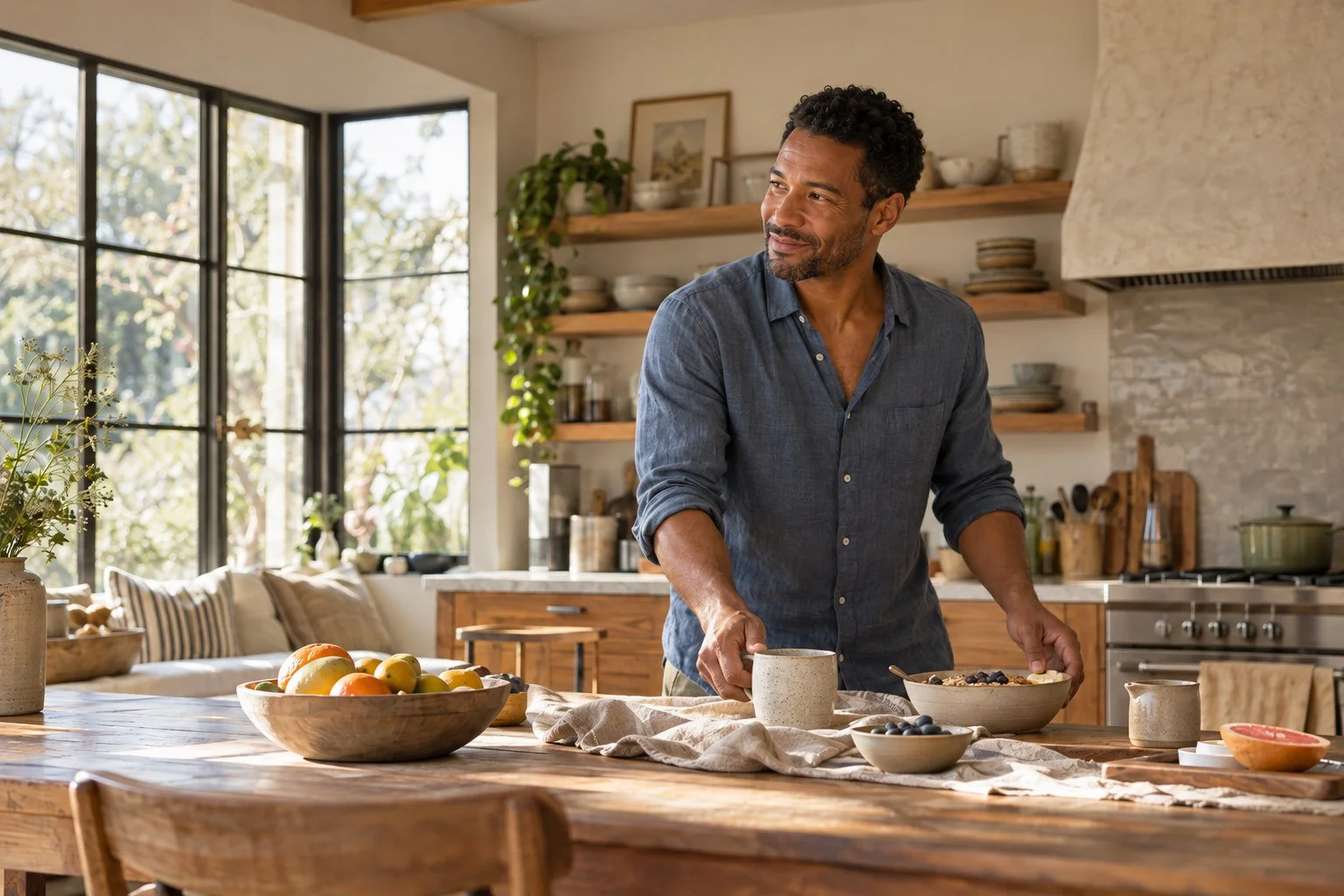 A man in a blue linen shirt sets out breakfast at a sunlit kitchen table, smiling as he looks toward the window.