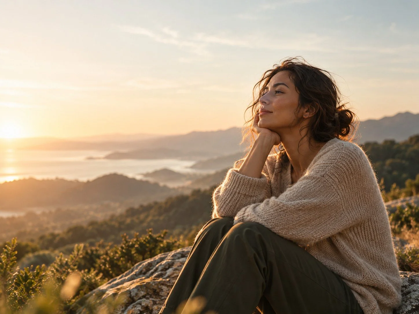 Woman sitting on a rocky hillside at sunrise, resting her chin on her hand and looking out over a calm bay