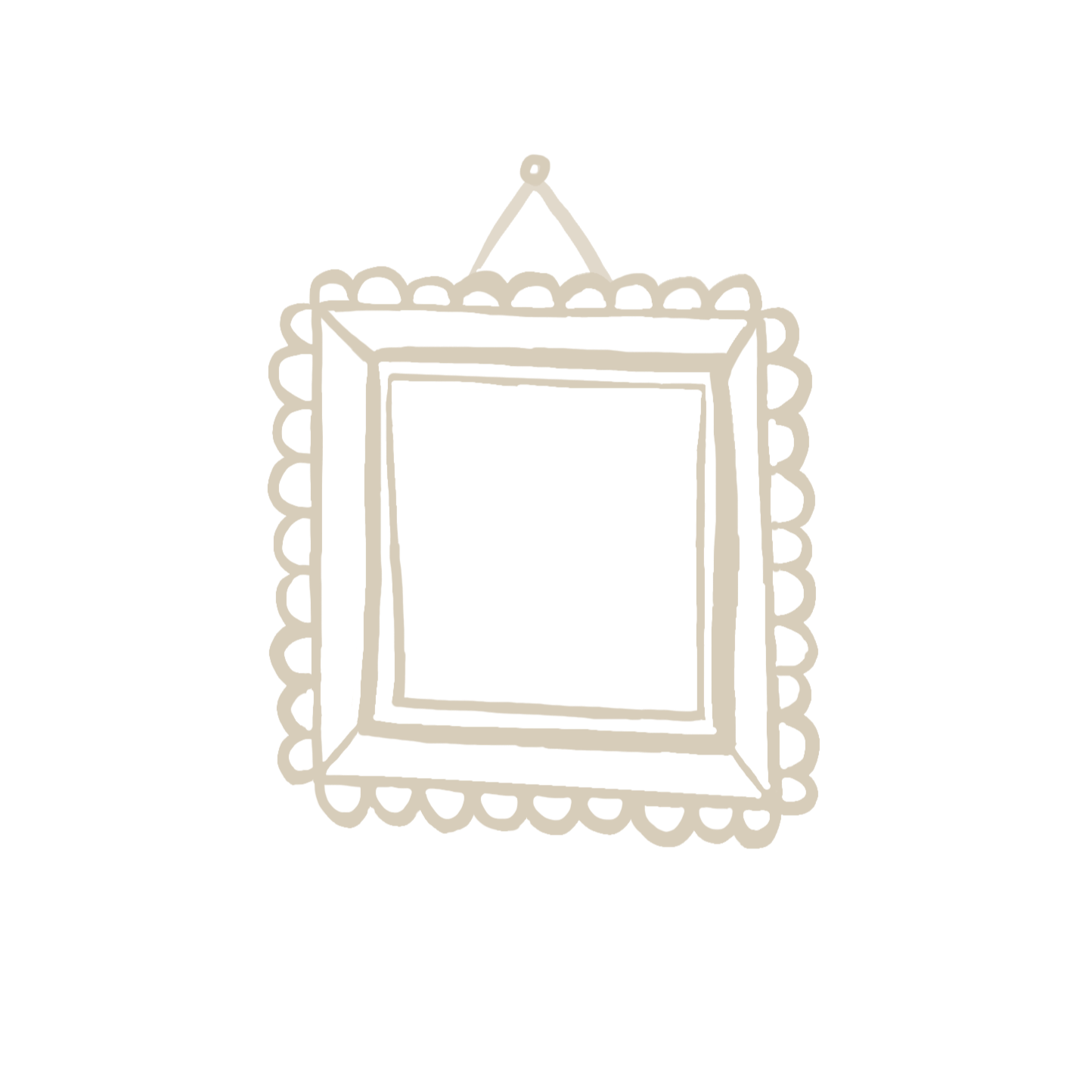 Decorative sketch of a picture frame with scalloped edges, hanging on a wall.