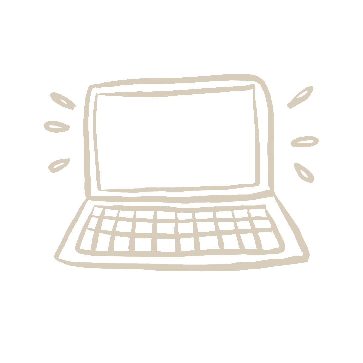Simple line drawing of an open laptop with decorative lines emanating from each side.