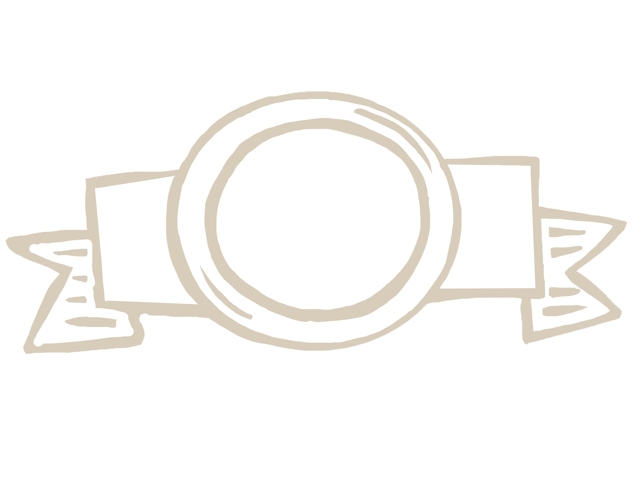 Outline drawing of a circular medal or badge with a ribbon extending from both sides.