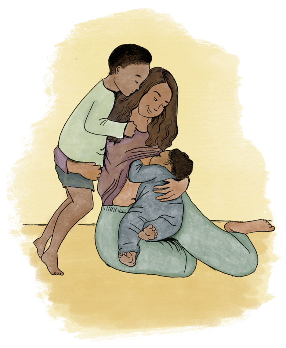 An illustration of a family with a mother holding her baby, a young girl sitting on her lap, and a young boy leaning in to kiss the mother's cheek.
