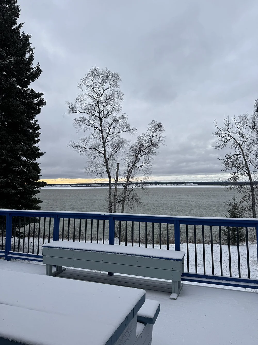 A snow-covered balcony with blue railing overlooking a body of water with leafless trees and a cloudy sky.