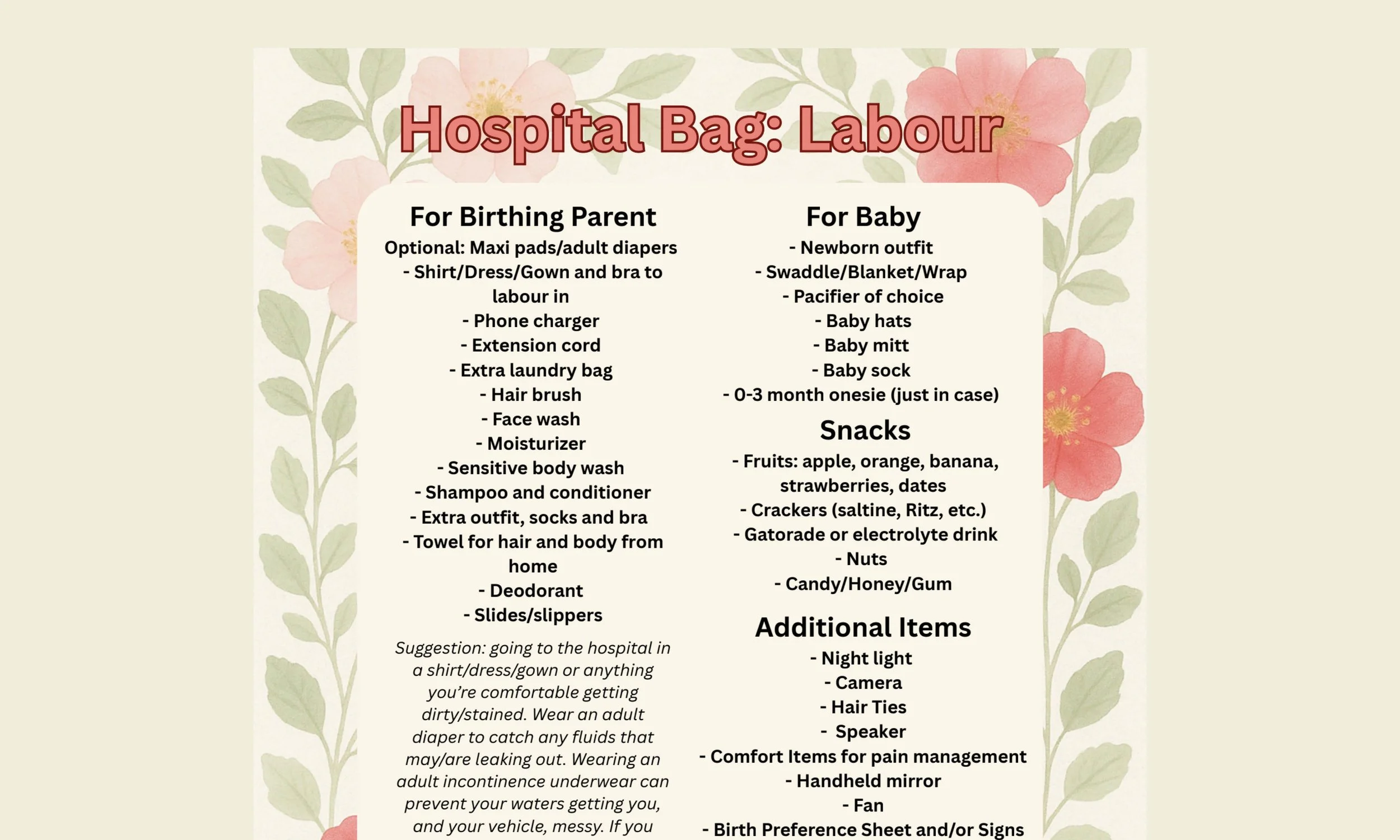 Hospital Bag(s) List