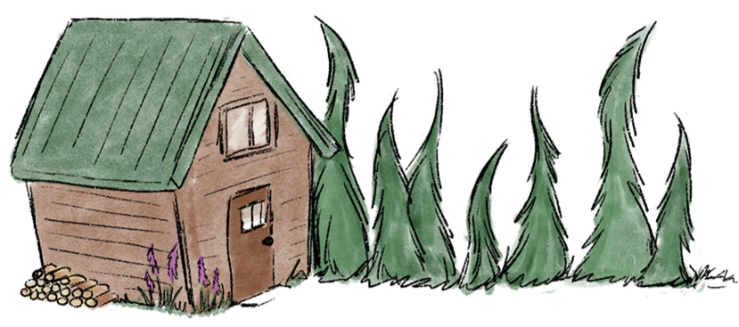 A cartoon-style small wooden house with a green roof, next to a row of tall pine trees and some purple flowers beside the house.
