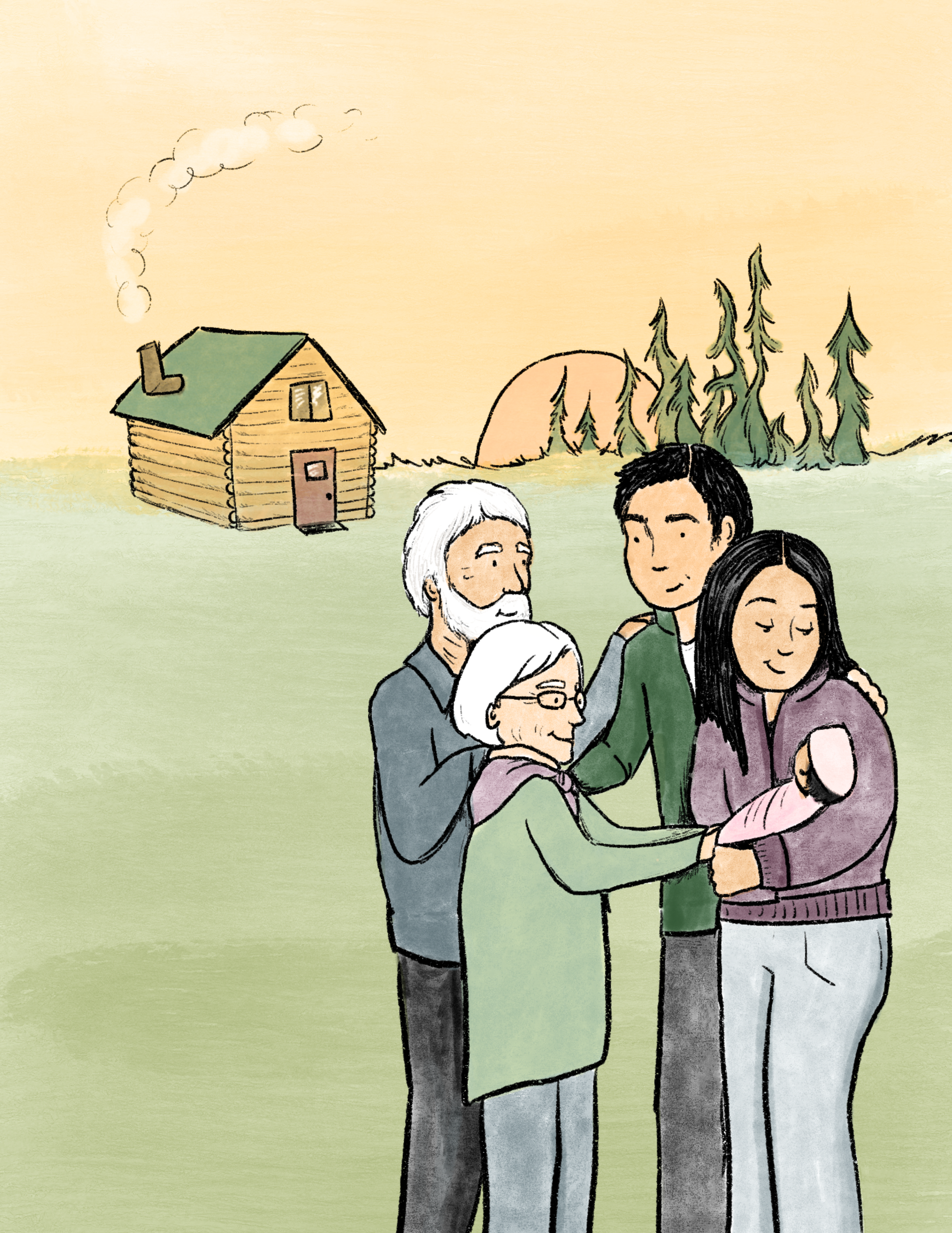 A diverse family team embracing each other outside with a cabin, trees, and sunset in the background.