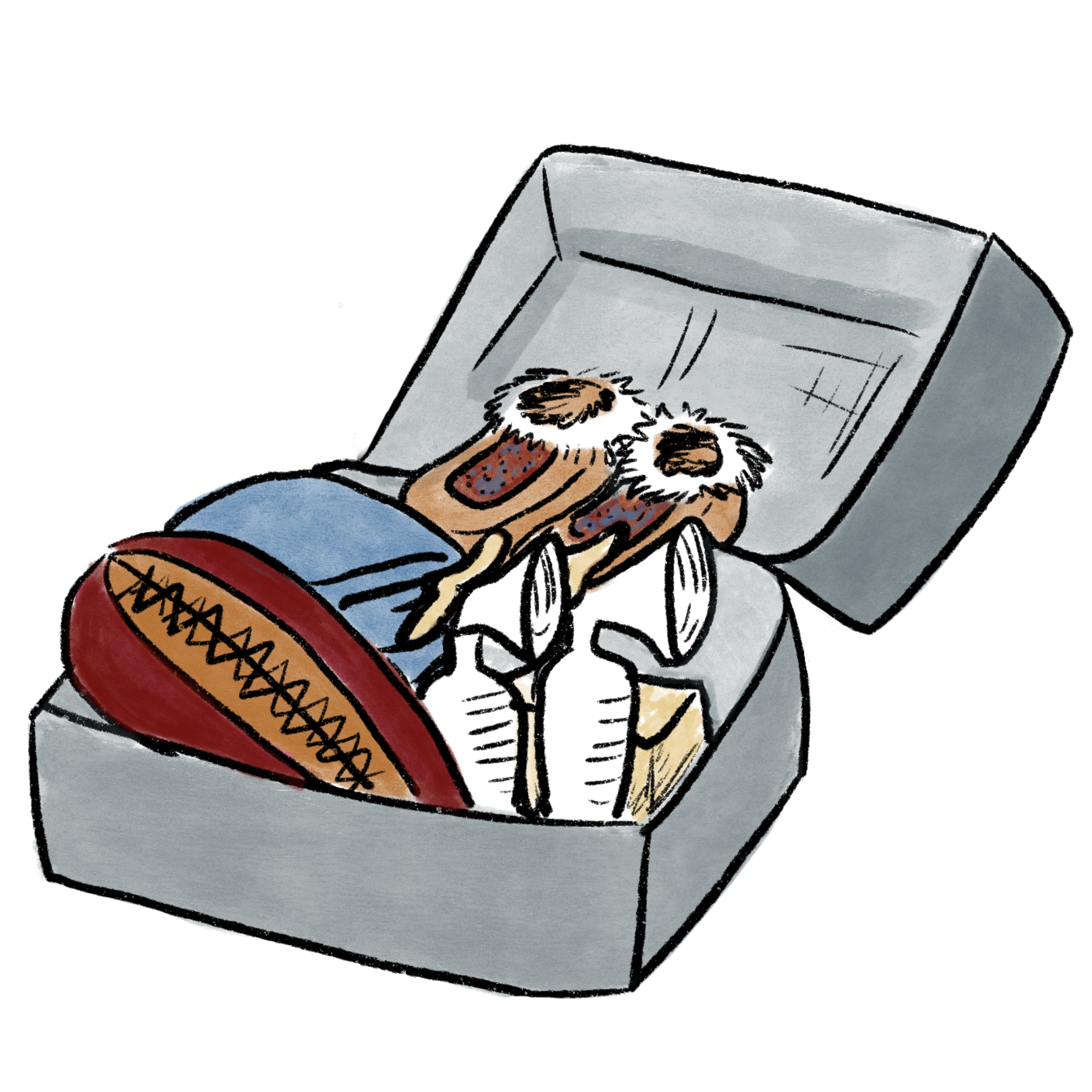 A cartoon illustration of an open pizza box with two slices of pepperoni pizza, a soda can, and some other items inside.